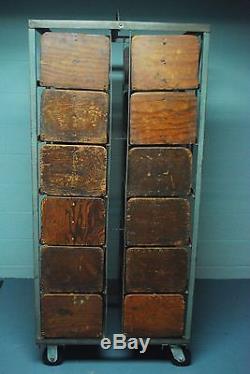 Rare Antique Vtg Industrial Two-Sided Iron Wood Library Cart Book Case