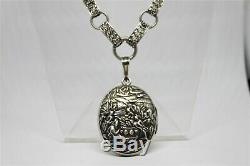Rare Large ART DECO Carved Chinese Scene Sterling Locket Book Chain Necklace 64g