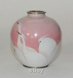 Rare Pink Japanese Cloisonne Enamel Vase of a Group of Cranes Pictured In Book