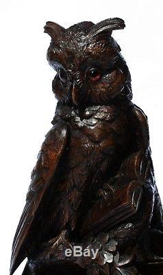 Rare black forest inkwell, owls on a carved book, Switzerland 19th