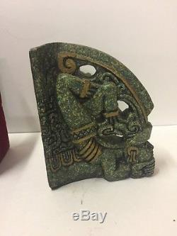 Vintage Antique Aztec Mayan Incan Book Ends Green With Rare Ornate Large