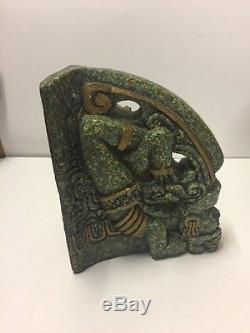 Vintage Antique Aztec Mayan Incan Book Ends Green With Rare Ornate Large