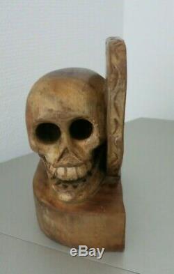 Vintage Book Ends Skull & Eart Carved Wood Folk Art New Mexico Rare