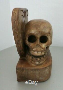 Vintage Book Ends Skull & Eart Carved Wood Folk Art New Mexico Rare