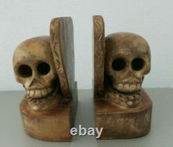 Vintage Book Ends Skull & Heart Carved Wood Folk Art New Mexico Rare