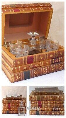 XL Crystal BACCARAT Whisky Liquor Set Tantalus French 1880 RARE Cuir Bound Books